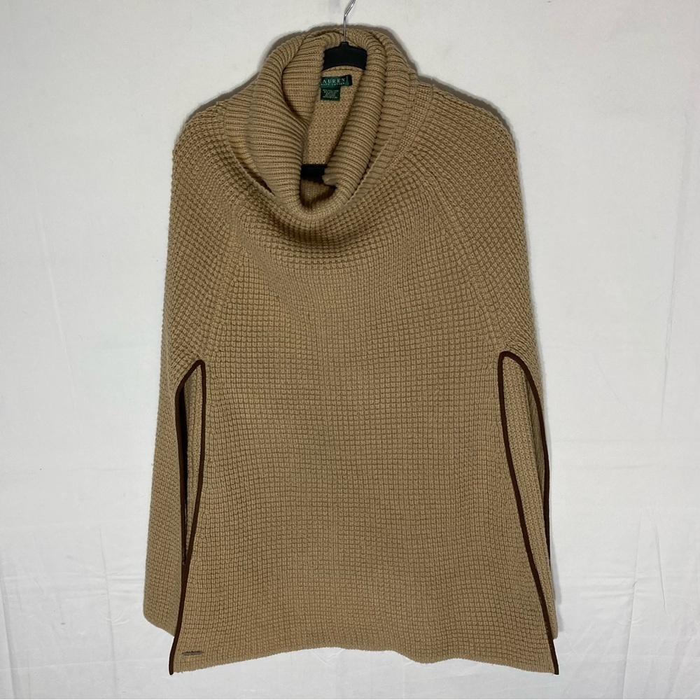 Vintage Lauren Ralph Lauren Tan Wool Blend Knit Cowl Neck Cape Poncho